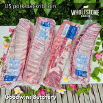 Pork baikut iga import US Berkshire WholeStone Nebraska BACKRIB LOIN 12-13ribs back rib frozen +/- 1.3 kg/slab dimension 45x14cm 18x5" (price/kg)